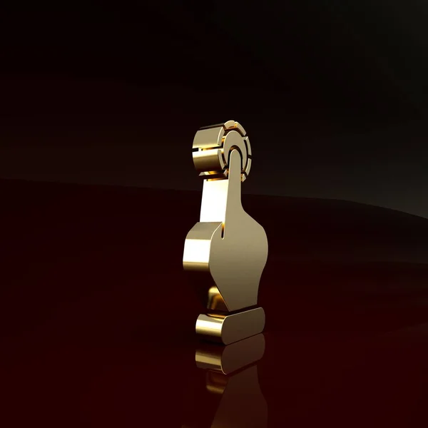 Gold Hand segurando ícone de fichas de casino isolado no fundo marrom. Jogo de casino. Conceito de minimalismo. 3D ilustração 3D render — Fotografia de Stock