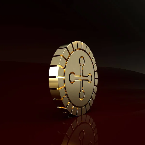 Gold Casino roulette wheel icon isolated on brown background. Minimalism concept. 3d illustration 3D render — Stock Photo, Image