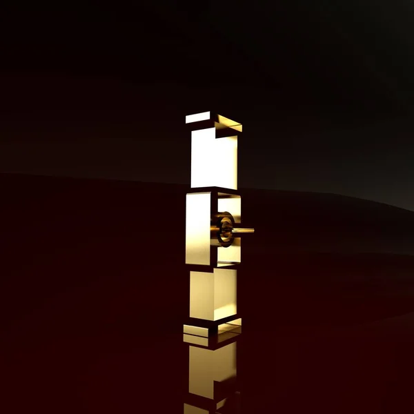 Золотодобывающая металлическая труба и иконка клапана изолированы на коричневом фоне. Концепция минимализма. 3D-рендеринг — стоковое фото