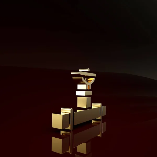 Icono metálico de tubo y válvula de la industria del oro aislado sobre fondo marrón. Concepto minimalista. 3D ilustración 3D render — Foto de Stock