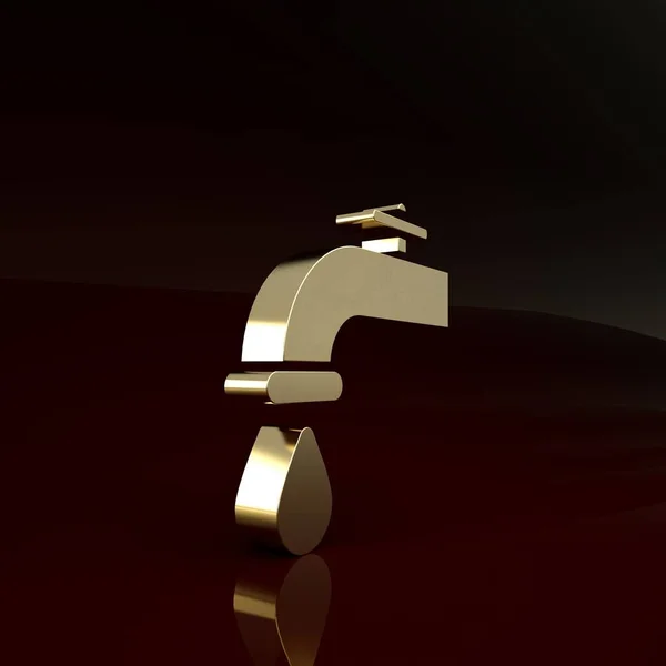 Grifo de agua dorada con un icono de gota de agua que cae aislado sobre fondo marrón. Concepto minimalista. 3D ilustración 3D render — Foto de Stock