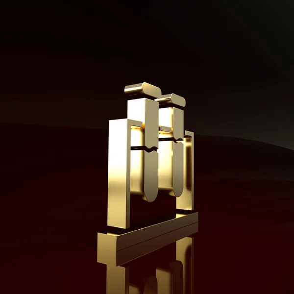 Tubo de teste de ouro e ícone de teste químico do frasco isolado em fundo marrom. Sinal de vidro de laboratório. Conceito de minimalismo. 3D ilustração 3D render — Fotografia de Stock