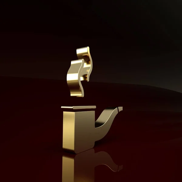 Χρυσό σωλήνα καπνίζοντες με εικονίδιο καπνού απομονώνονται σε καφέ φόντο. Πίπα καπνού. Μινιμαλιστική έννοια. 3D απεικόνιση 3d καθιστούν — Φωτογραφία Αρχείου