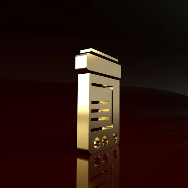 Gold Medicine láhev a pilulky ikona izolované na hnědém pozadí. Značka lahvičky. Návrh lékáren. Minimalismus. 3D ilustrace 3D vykreslení — Stock fotografie