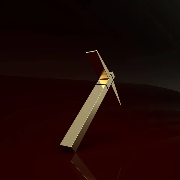 Gold Pickaxe pictogram geïsoleerd op bruine achtergrond. Minimalisme concept. 3d illustratie 3D renderen — Stockfoto