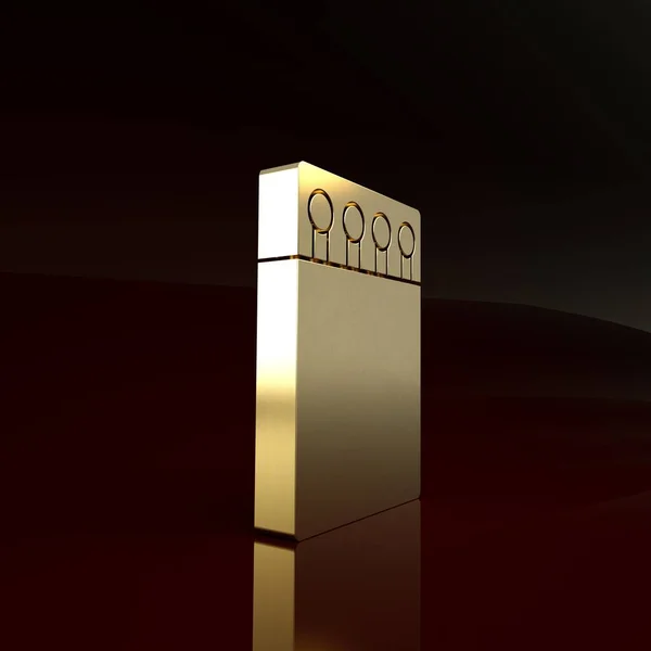 Gold Open pudełko zapałek i pasuje do ikony izolowane na brązowym tle. Koncepcja minimalizmu. Ilustracja 3D 3D renderowania — Zdjęcie stockowe