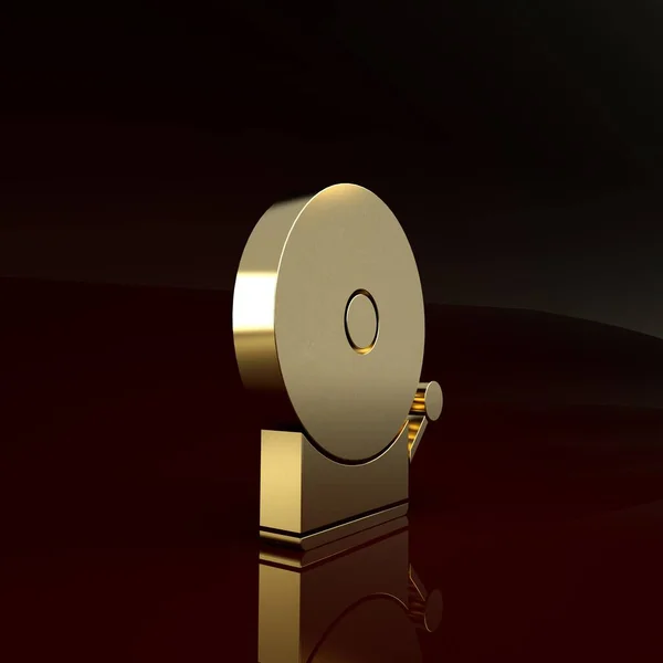 Gouden rinkelende alarm bel pictogram geïsoleerd op bruine achtergrond. Brandalarm systeem. Dienstklok, handbelteken, meldsymbool. Minimalisme concept. 3d illustratie 3D renderen — Stockfoto