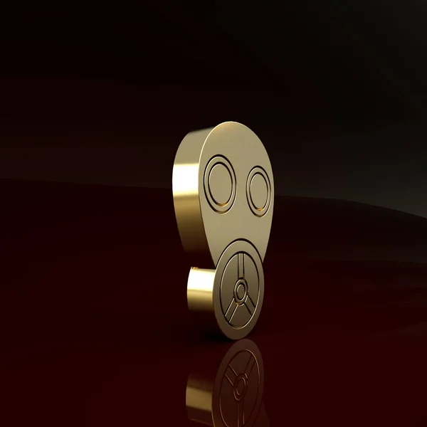 Ícone de máscara de gás de ouro isolado no fundo marrom. Sinal do respirador. Conceito de minimalismo. 3D ilustração 3D render — Fotografia de Stock