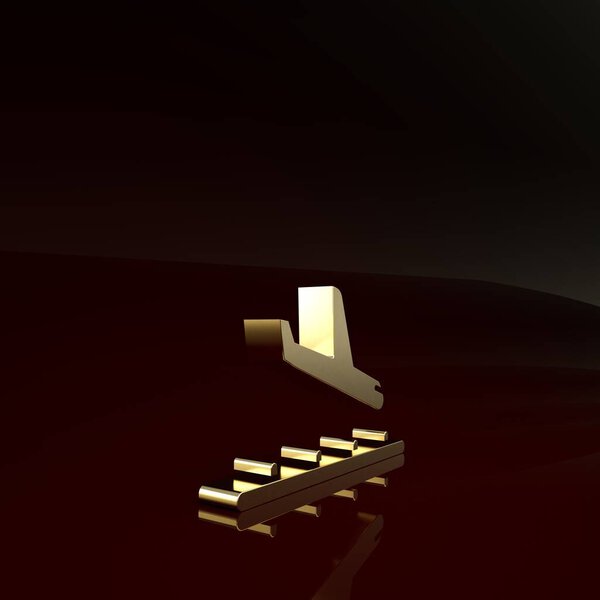 Значок посадки Золотого самолета изолирован на коричневом фоне. Символ авиатранспорта. Концепция минимализма. 3D-рендеринг
