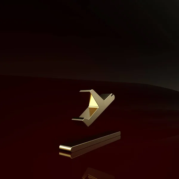 Icône de décollage Gold Plane isolée sur fond brun. Symbole de transport aérien. Concept de minimalisme. Illustration 3D rendu 3D — Photo