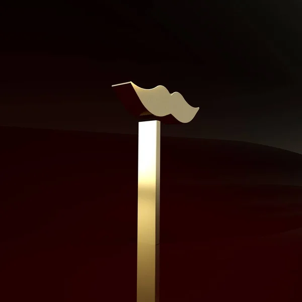 Bigode de papel dourado no ícone de vara isolado no fundo marrom. Conceito com máscara de carnaval de papelão. Máscara para uma sessão de fotos. Conceito de minimalismo. 3D ilustração 3D render — Fotografia de Stock