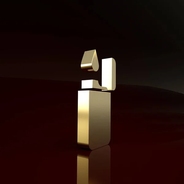 Złota ikona zapalniczki odizolowana na brązowym tle. Koncepcja minimalizmu. Ilustracja 3D 3D renderowania — Zdjęcie stockowe