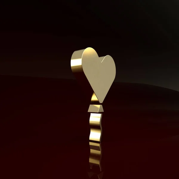 Globo de oro en forma de corazón con icono de cinta aislado sobre fondo marrón. Día de San Valentín. Concepto minimalista. 3D ilustración 3D render — Foto de Stock