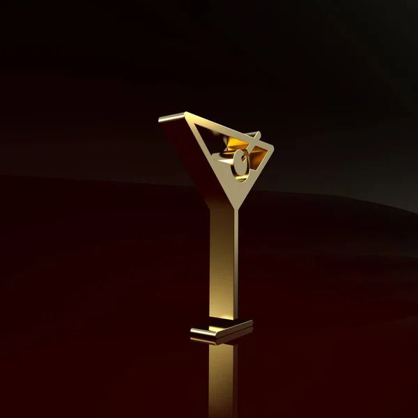 Kahverengi arka planda izole edilmiş altın martini cam ikonu. Kokteyl ikonu. Şarap kadehi ikonu. Minimalizm kavramı. 3d illüstrasyon 3B canlandırma — Stok fotoğraf