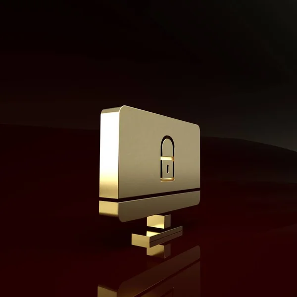 Gold Lock on computer monitor scherm pictogram geïsoleerd op bruine achtergrond. Beveiliging, veiligheid, beschermingsconcept. Veilig netwerk. Minimalisme concept. 3d illustratie 3d renderen — Stockfoto