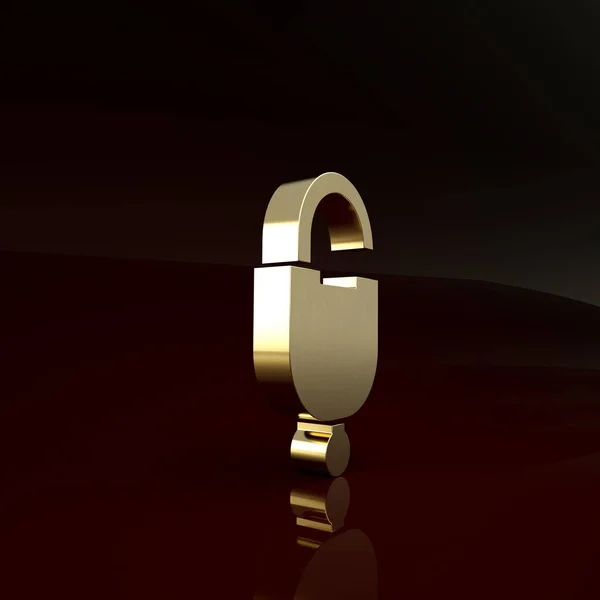 Bloqueio de ouro e ícone chave isolado no fundo marrom. Sinal de cadeado. Segurança, segurança, proteção, conceito de privacidade. Conceito de minimalismo. 3D ilustração 3D render — Fotografia de Stock