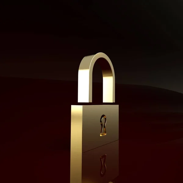 Ikona Gold Lock odizolowana na brązowym tle. Znak kłódki. Bezpieczeństwo, ochrona, koncepcja prywatności. Koncepcja minimalizmu. Ilustracja 3d — Zdjęcie stockowe