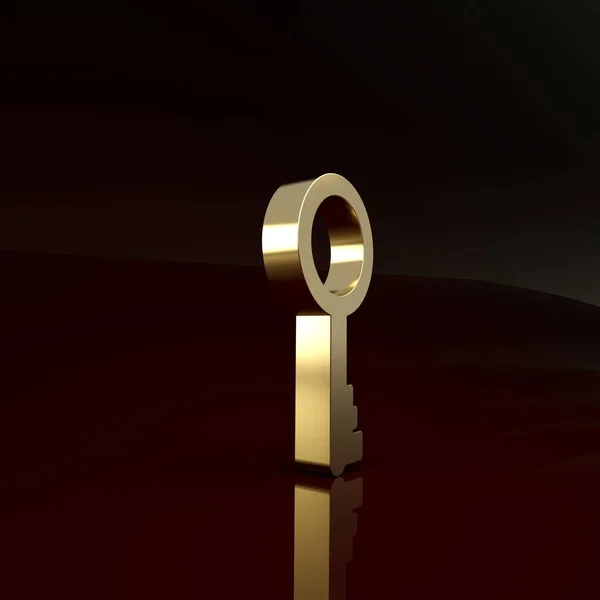 Złota Stara ikona klucza odizolowana na brązowym tle. Koncepcja minimalizmu. Ilustracja 3D 3D renderowania — Zdjęcie stockowe