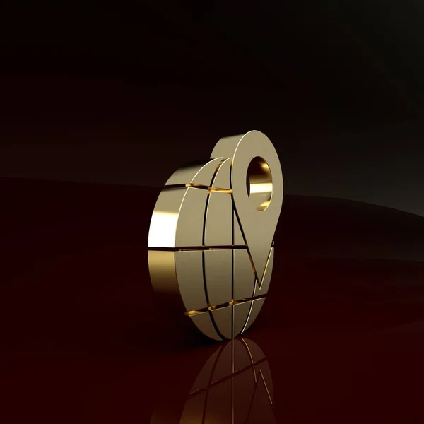 Gold Posizione sull'icona del globo isolato su sfondo marrone. Segno del mondo o della Terra. Concetto minimalista. Illustrazione 3d rendering 3D — Foto Stock