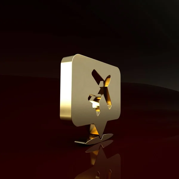 Złota bańka Mowa z ikoną podróży samolotem odizolowana na brązowym tle. Znak transportowy samolotu. Symbol świąt. Koncepcja minimalizmu. Ilustracja 3d — Zdjęcie stockowe