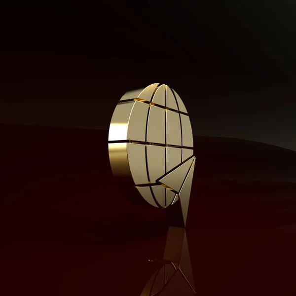 Złoty Glob z ikoną latającego samolotu na brązowym tle. Samolot lata dookoła planety Ziemia. Ikona świata samolotów. Koncepcja minimalizmu. Ilustracja 3d — Zdjęcie stockowe
