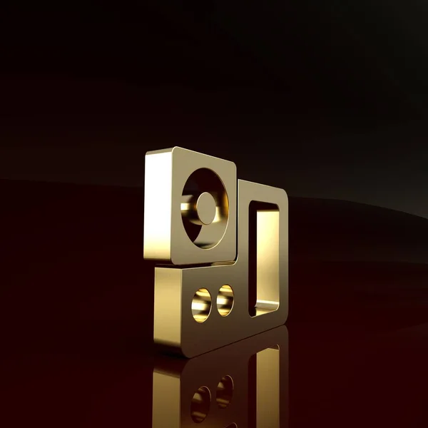 Goud Fotocamera pictogram geïsoleerd op bruine achtergrond. Foto camera icoon. Minimalisme concept. 3d illustratie 3D renderen — Stockfoto