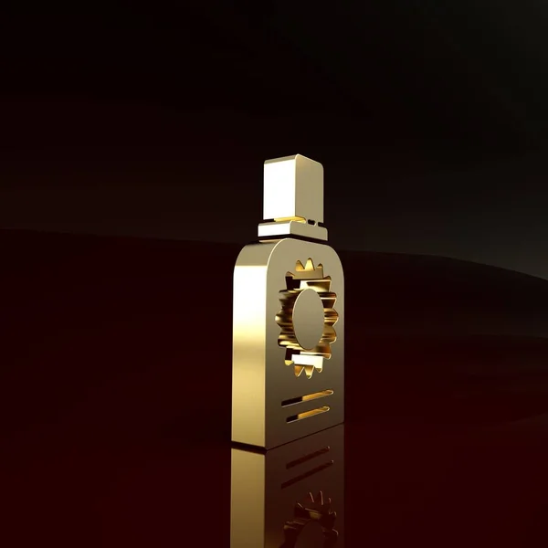 Oro crema solare spray bottiglia icona isolata su sfondo marrone. Protezione per la pelle dalla luce ultravioletta solare. Concetto minimalista. Illustrazione 3d rendering 3D — Foto Stock