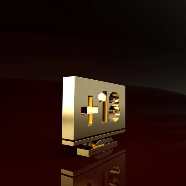 Gold Computer monitor met 18 plus inhoud pictogram geïsoleerd op bruine achtergrond. Leeftijdsbeperking symbool. Seksinhoud teken. Volwassen kanaal. Minimalisme concept. 3d illustratie 3d renderen — Stockfoto