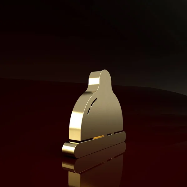 Gold kondom bezpečné sexuální ikona izolované na hnědém pozadí. Bezpečný symbol lásky. Antikoncepční metoda pro muže. Minimalismus. 3D ilustrace 3D vykreslení — Stock fotografie