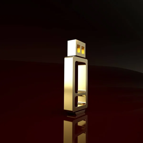 Złota ikona pamięci USB izolowana na brązowym tle. Koncepcja minimalizmu. Ilustracja 3D 3D renderowania — Zdjęcie stockowe