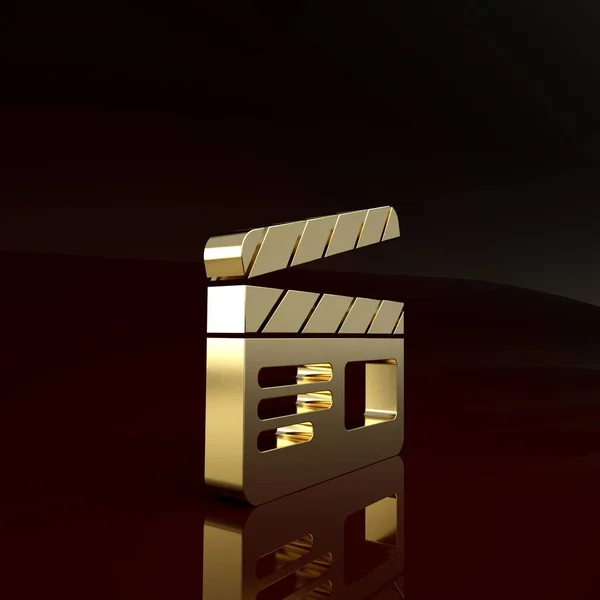 Ícone de capa de filme de ouro isolado no fundo marrom. Placa de palmas de filme. Sinal de aplauso. Produção de cinema ou indústria de mídia. Conceito de minimalismo. 3D ilustração 3D render — Fotografia de Stock