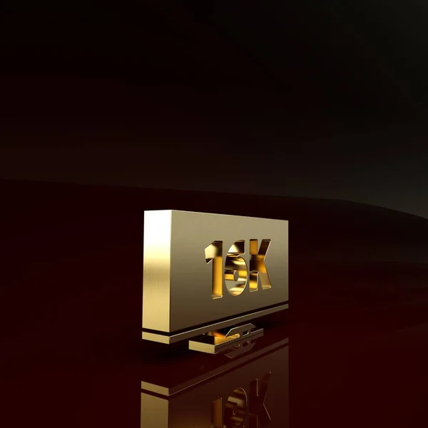 Gold Screen tv com 16k Ultra HD ícone de tecnologia de vídeo isolado no fundo marrom. Conceito de minimalismo. 3D ilustração 3D render — Fotografia de Stock