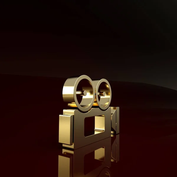 Значок камеры Gold Cinema выделен на коричневом фоне. Видеокамера. Кинознак. Кинопроектор. Концепция минимализма. 3D-рендеринг — стоковое фото