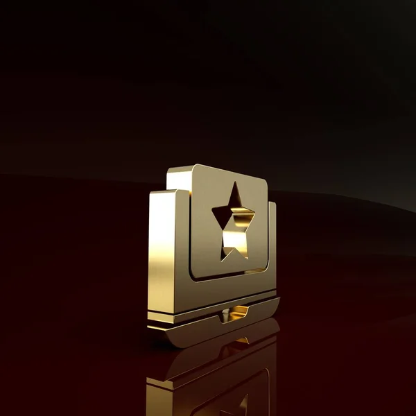 Portátil de oro con icono de estrella aislado sobre fondo marrón. Favorito, mejor calificación, símbolo de premio. Concepto minimalista. 3D ilustración 3D render —  Fotos de Stock