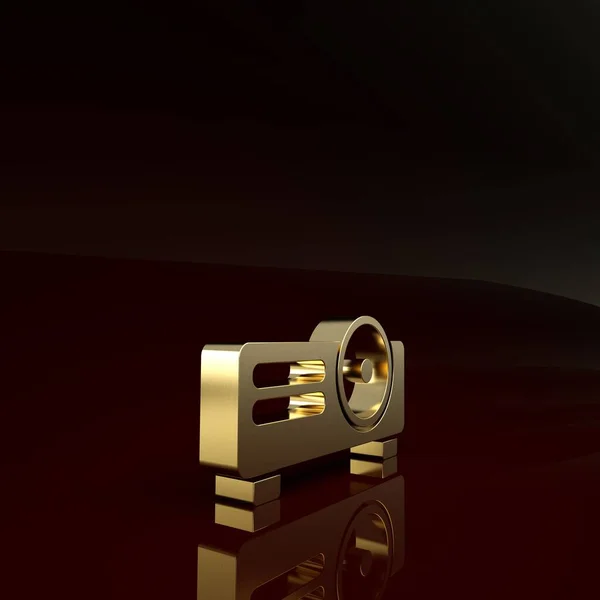 Goud Presentatie, film, film, media projector icoon geïsoleerd op bruine achtergrond. Minimalisme concept. 3d illustratie 3D renderen — Stockfoto