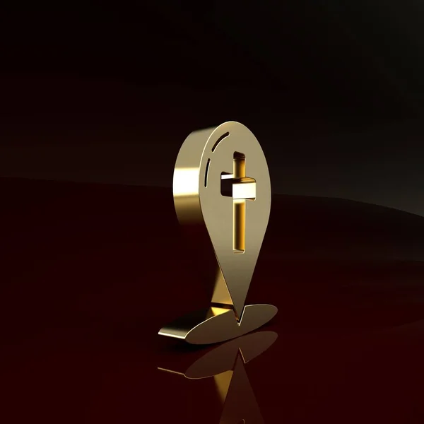 Puntero de mapa de oro con icono de cruz cristiana aislado sobre fondo marrón. Concepto minimalista. 3D ilustración 3D render — Foto de Stock