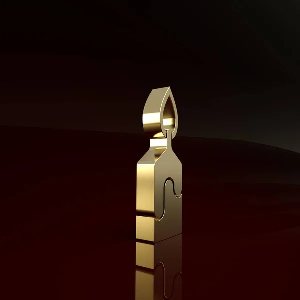 金色燃烧的蜡烛图标孤立在棕色背景上.圆柱形蜡烛与燃烧的火焰粘在一起.最低纲领的概念。3D渲染3D插图 — 图库照片