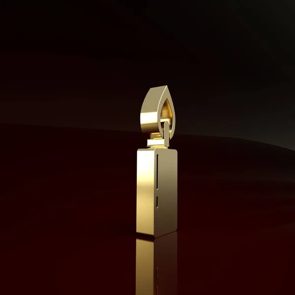 金色燃烧的蜡烛图标孤立在棕色背景上.圆柱形蜡烛与燃烧的火焰粘在一起.最低纲领的概念。3D渲染3D插图 — 图库照片