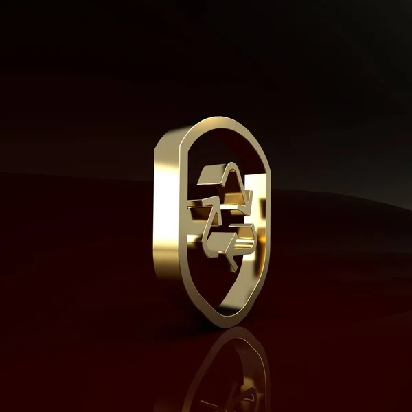 Gold Recycle symbol uvnitř štítu ikona izolované na hnědém pozadí. Značka ochrany životního prostředí. Minimalismus. 3D ilustrace 3D vykreslení — Stock fotografie