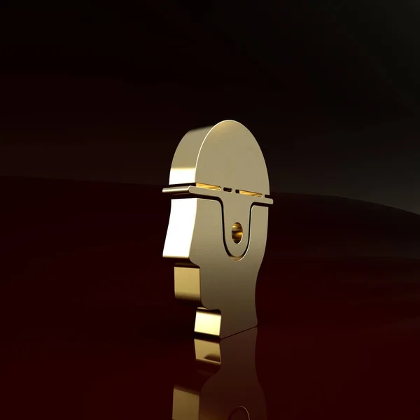 Золотий працівник значок безпечного шолома ізольований на коричневому фоні. Концепція мінімалізму. 3D ілюстрація 3D рендеринга — стокове фото