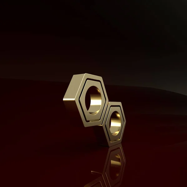 Gold Sechseckige Metallnuss Symbol isoliert auf braunem Hintergrund. Minimalismus-Konzept. 3D Illustration 3D Renderer — Stockfoto