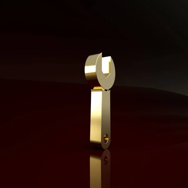 Значок гаечного ключа золотого цвета изолирован на коричневом фоне. Концепция минимализма. 3D-рендеринг — стоковое фото