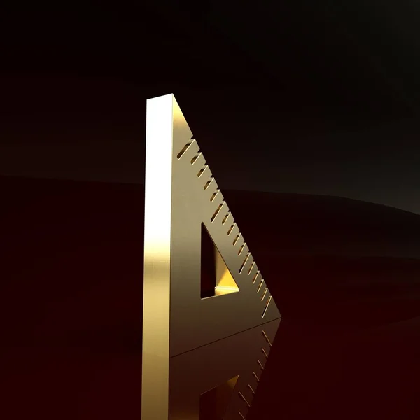 Значок золотой треугольной линейки изолирован на коричневом фоне. Символ прямолинейности. Геометрический символ. Концепция минимализма. 3D-рендеринг — стоковое фото