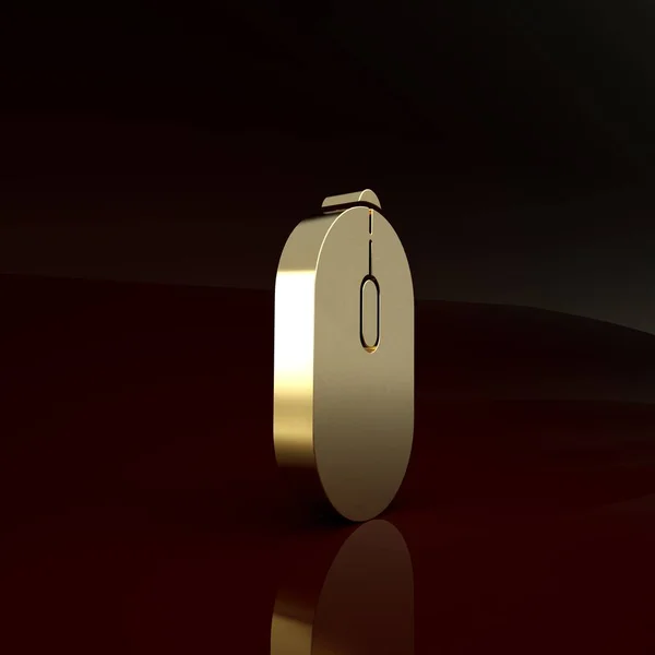 Gold Icono de juego del ratón de ordenador aislado sobre fondo marrón. Óptica con símbolo de rueda. Concepto minimalista. 3D ilustración 3D render — Foto de Stock