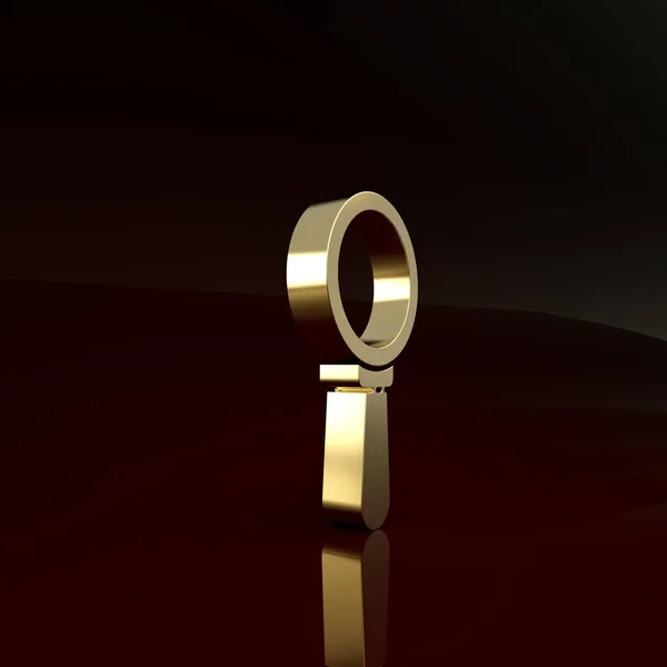 Icono de lupa dorada aislado sobre fondo marrón. Búsqueda, enfoque, zoom, símbolo de negocio. Concepto minimalista. 3D ilustración 3D render — Foto de Stock