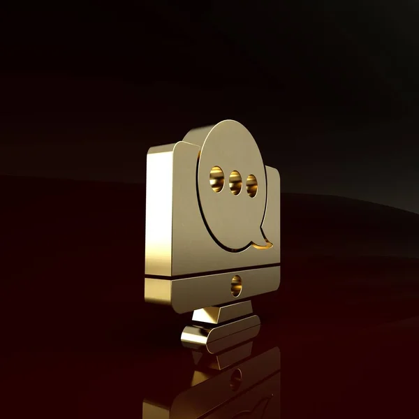 Ouro Nova notificação de mensagens de bate-papo no ícone do monitor isolado no fundo marrom. Smartphone bate-papo sms mensagens bolhas de fala. Conceito de minimalismo. 3D ilustração 3D render — Fotografia de Stock