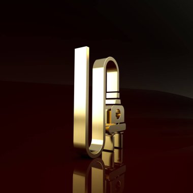 Kahverengi arkaplanda altın elektrik prizi simgesi izole edildi. Bağlantı kavramı ve elektriğin kesilmesi. Minimalizm kavramı. 3d illüstrasyon 3B canlandırma