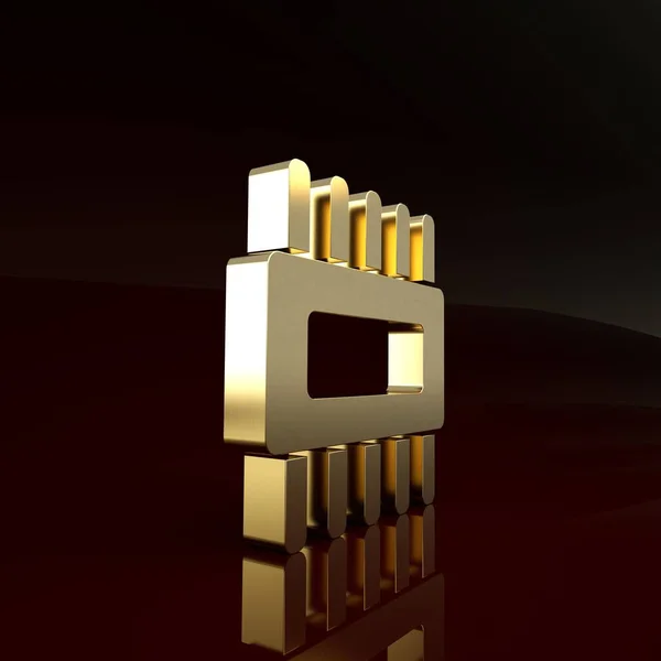 Gold Computer-Prozessor mit Mikroschaltungen CPU-Symbol isoliert auf braunem Hintergrund. Chip oder CPU mit Platine. Mikroprozessor. Minimalismus-Konzept. 3D Illustration 3D Renderer — Stockfoto