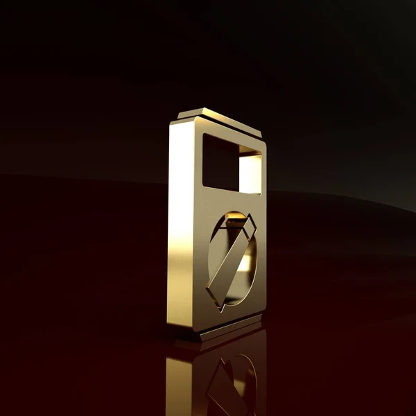 Χρυσό αμπερόμετρο, πολύμετρο, εικονίδιο βολτόμετρου απομονωμένο σε καφέ φόντο. Όργανα μέτρησης του ηλεκτρικού ρεύματος. Μινιμαλιστική έννοια. 3d απεικόνιση 3D καθιστούν — Φωτογραφία Αρχείου