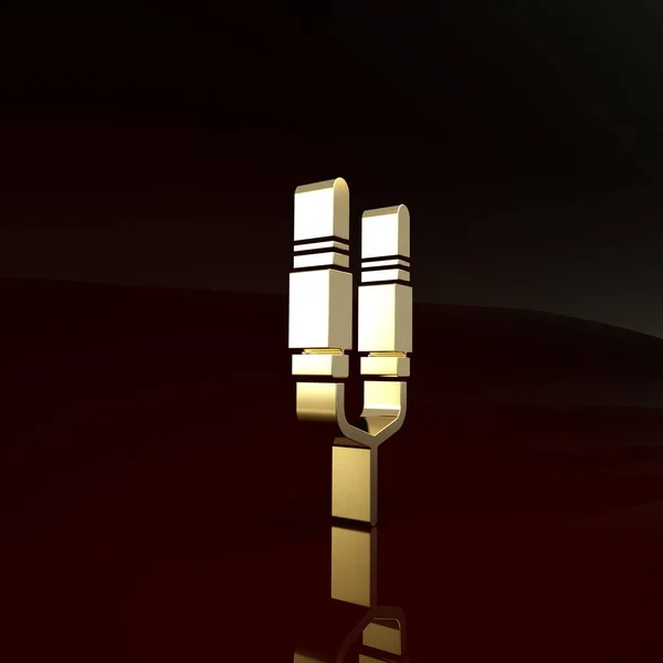 Gold Audio jack icono aislado sobre fondo marrón. Cable de audio para conexión de equipos de sonido. Alambre enchufable. Instrumento musical. Concepto minimalista. 3D ilustración 3D render — Foto de Stock